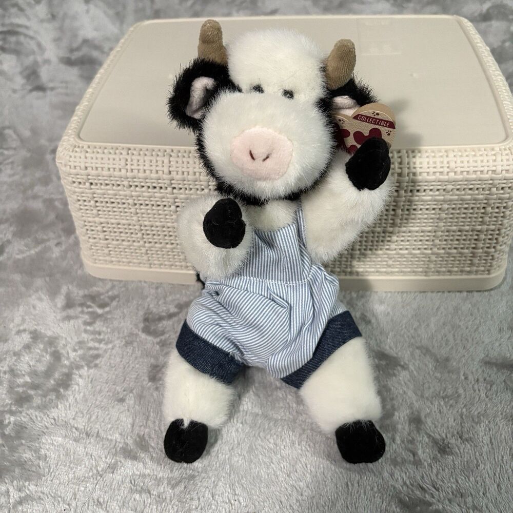 Vintage TY Black White Plush Jointed COW Blue Pin Striped Overall Madison 1993